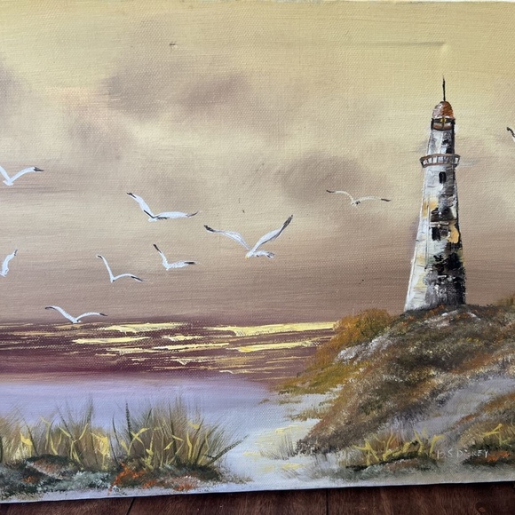 Vintage Coastal Lighthouse Oil Painting Canvas12x16 Seaside Nautical Decor VGUC - Picture 1 of 8